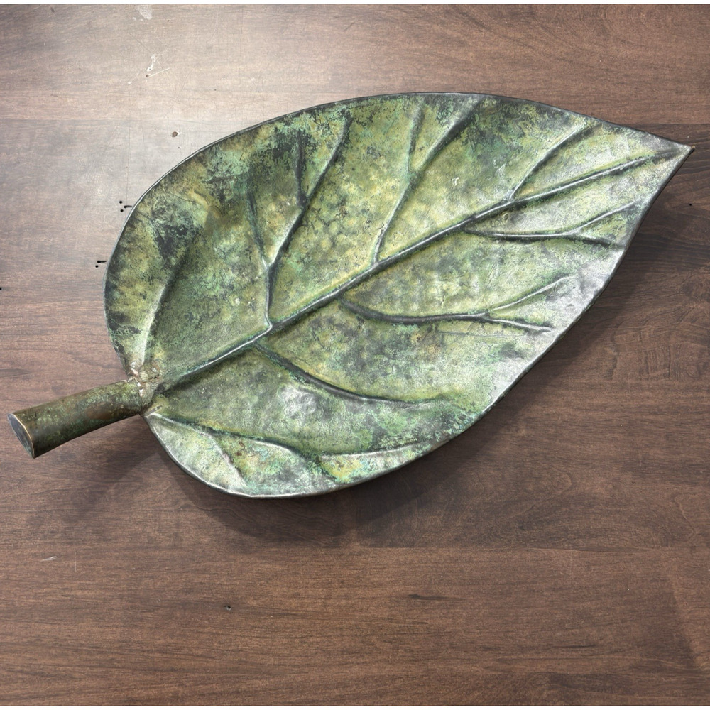 Metal Leaf X Large Footed Tray Platter Green Centerpiece Tabletop Cottage Porch